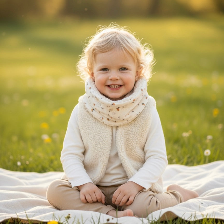 Snood cache cou réversible bébé écru petites fleurs camel