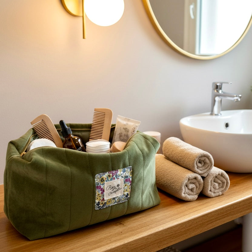 Trousse de toilette velours kaki JADE