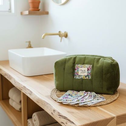 Trousse de toilette velours kaki JADE