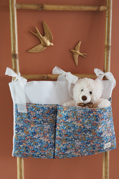 Pochette de rangement range doudou bleu et blanc fleurie